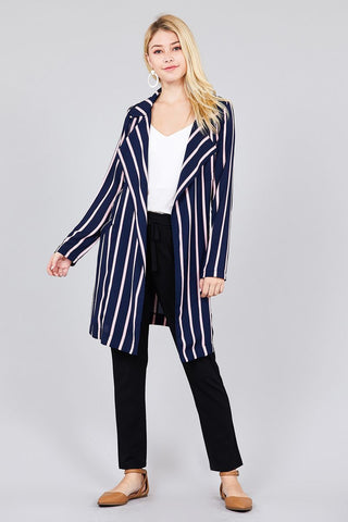 Ladies fashion long sleeve notched collar w/waist belt multi striped long woven jacket - merchandiserus2