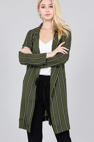 Ladies fashion long sleeve notched collar w/waist belt multi striped long woven jacket - merchandiserus2