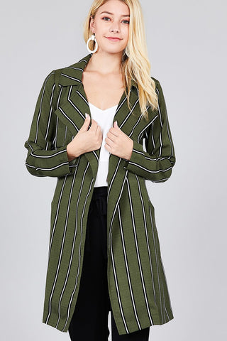 Ladies fashion long sleeve notched collar w/waist belt multi striped long woven jacket - merchandiserus2