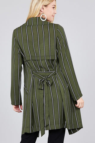 Ladies fashion long sleeve notched collar w/waist belt multi striped long woven jacket - merchandiserus2