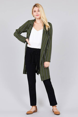 Ladies fashion long sleeve notched collar w/waist belt multi striped long woven jacket - merchandiserus2