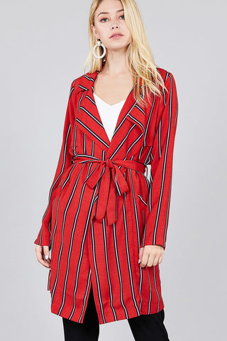 Ladies fashion long sleeve notched collar w/waist belt multi striped long woven jacket - merchandiserus2