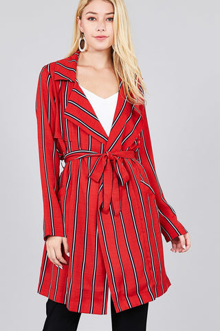 Ladies fashion long sleeve notched collar w/waist belt multi striped long woven jacket - merchandiserus2
