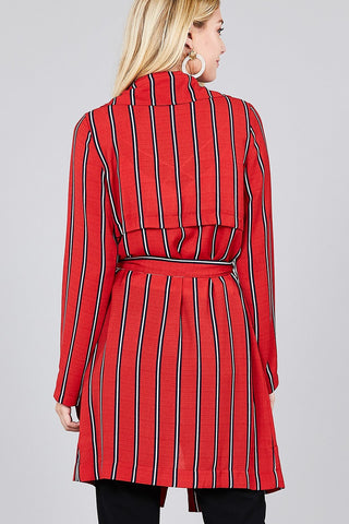 Ladies fashion long sleeve notched collar w/waist belt multi striped long woven jacket - merchandiserus2