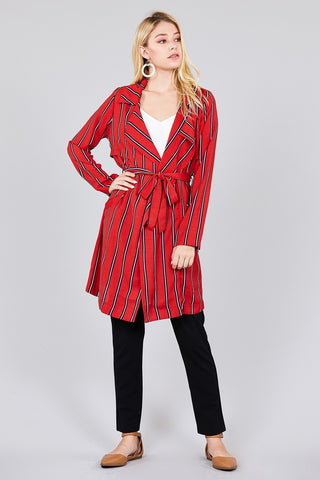Ladies fashion long sleeve notched collar w/waist belt multi striped long woven jacket - merchandiserus2