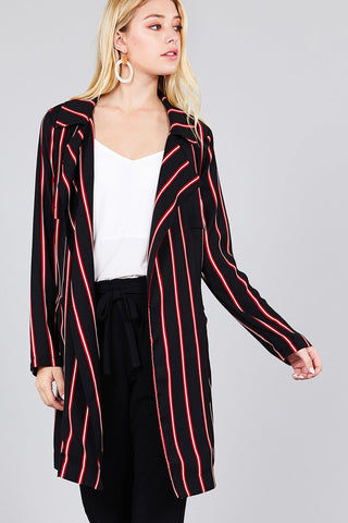 Ladies fashion long sleeve notched collar w/waist belt multi striped long woven jacket - merchandiserus2