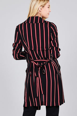 Ladies fashion long sleeve notched collar w/waist belt multi striped long woven jacket - merchandiserus2
