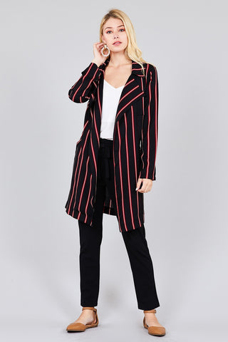 Ladies fashion long sleeve notched collar w/waist belt multi striped long woven jacket - merchandiserus2