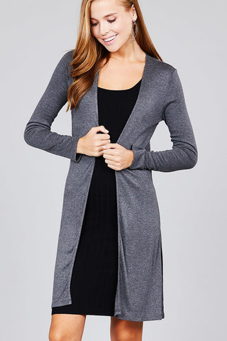 Ladies fashion long sleeve open front side slit tunic length rayon spandex rib cardigan