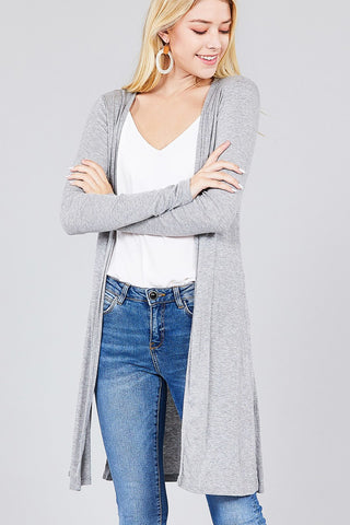 Ladies fashion long sleeve open front side slit tunic length rayon spandex rib cardigan - merchandiserus2