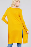 Ladies fashion long sleeve open front side slit tunic length rayon spandex rib cardigan