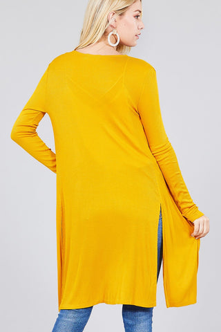 Ladies fashion long sleeve open front side slit tunic length rayon spandex rib cardigan