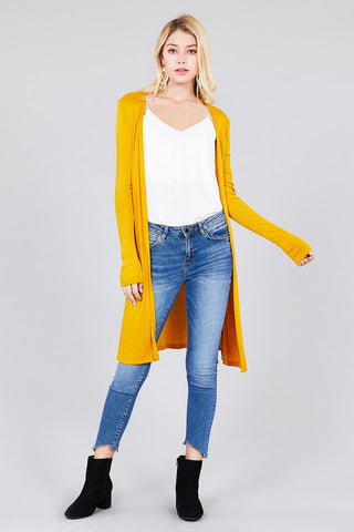 Ladies fashion long sleeve open front side slit tunic length rayon spandex rib cardigan