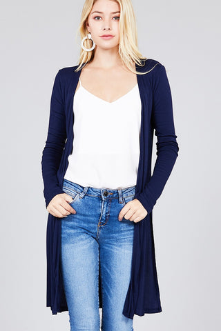 Ladies fashion long sleeve open front side slit tunic length rayon spandex rib cardigan - merchandiserus2