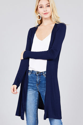 Ladies fashion long sleeve open front side slit tunic length rayon spandex rib cardigan - merchandiserus2