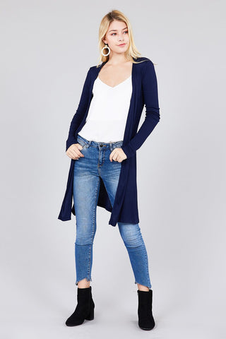 Ladies fashion long sleeve open front side slit tunic length rayon spandex rib cardigan - merchandiserus2