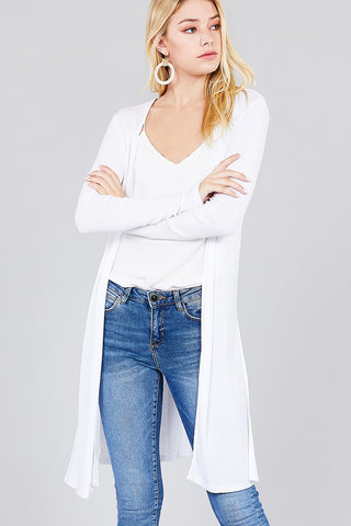 Ladies fashion long sleeve open front side slit tunic length rayon spandex rib cardigan - merchandiserus2