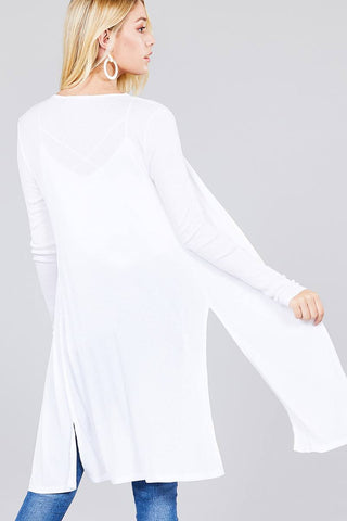 Ladies fashion long sleeve open front side slit tunic length rayon spandex rib cardigan - merchandiserus2
