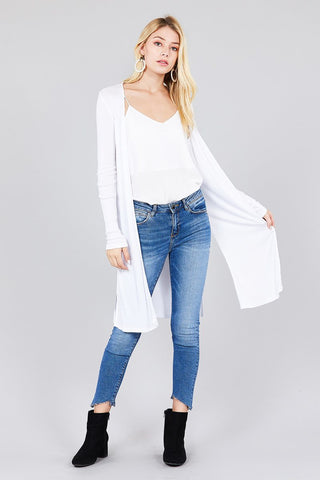 Ladies fashion long sleeve open front side slit tunic length rayon spandex rib cardigan - merchandiserus2