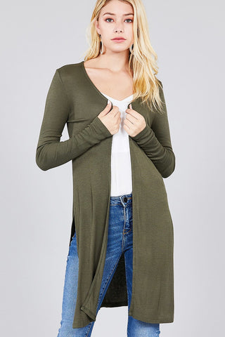 Ladies fashion long sleeve open front side slit tunic length rayon spandex rib cardigan - merchandiserus2