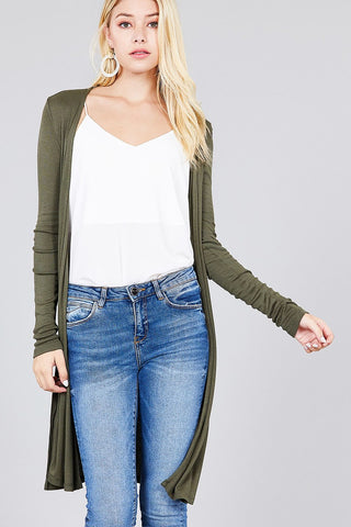 Ladies fashion long sleeve open front side slit tunic length rayon spandex rib cardigan - merchandiserus2