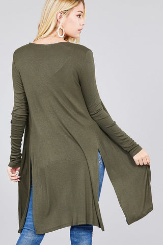 Ladies fashion long sleeve open front side slit tunic length rayon spandex rib cardigan - merchandiserus2