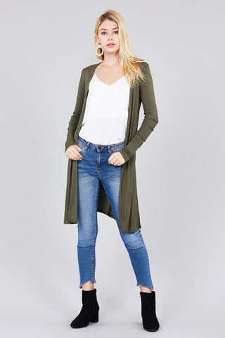 Ladies fashion long sleeve open front side slit tunic length rayon spandex rib cardigan - merchandiserus2