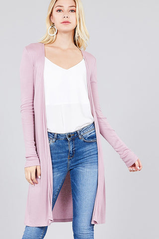 Ladies fashion long sleeve open front side slit tunic length rayon spandex rib cardigan - merchandiserus2