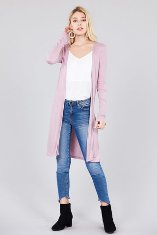 Ladies fashion long sleeve open front side slit tunic length rayon spandex rib cardigan - merchandiserus2