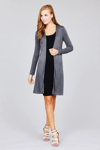 Ladies fashion long sleeve open front side slit tunic length rayon spandex rib cardigan