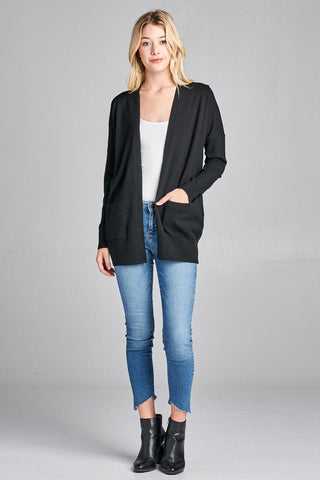 Ladies fashion long dolmen sleeve open front w/pocket sweater cardigan - merchandiserus2