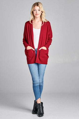 Ladies fashion long dolmen sleeve open front w/pocket sweater cardigan - merchandiserus2