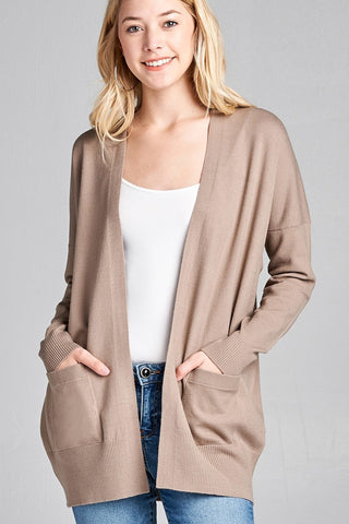 Ladies fashion long dolmen sleeve open front w/pocket sweater cardigan - merchandiserus2