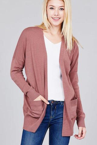 Ladies fashion long dolmen sleeve open front w/pocket sweater cardigan - merchandiserus2