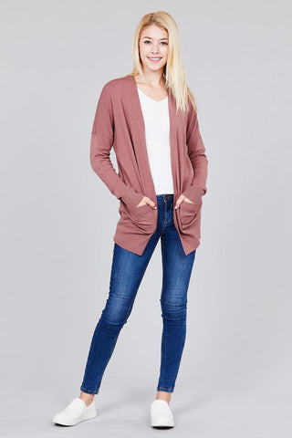 Ladies fashion long dolmen sleeve open front w/pocket sweater cardigan - merchandiserus2