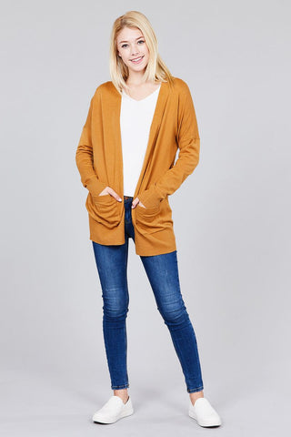 Ladies fashion long dolmen sleeve open front w/pocket sweater cardigan - merchandiserus2