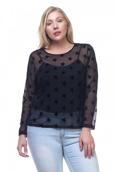 Ladies fashion plus size star mesh long sleeve shirt