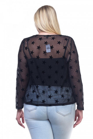 Ladies fashion plus size star mesh long sleeve shirt
