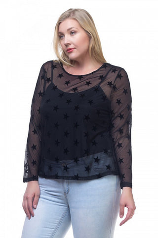 Ladies fashion plus size star mesh long sleeve shirt