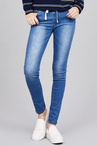Ladies fashion plus size waist drawstring washed denim jogger skinny pants