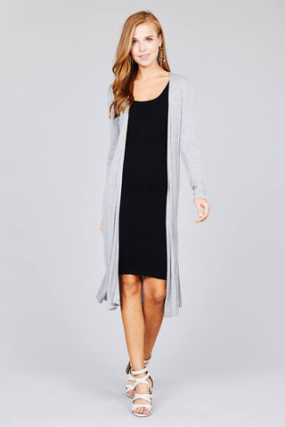 Ladies fashion plus size long sleeve open front side slit long length rayon spandex rib cardigan