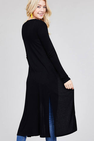 Ladies fashion plus size long sleeve open front side slit long length rayon spandex rib cardigan