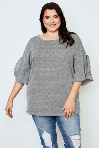 Ladies fashion plus size grey plaid drop shoulder top