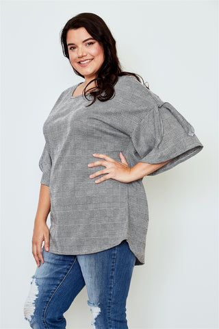 Ladies fashion plus size grey plaid drop shoulder top