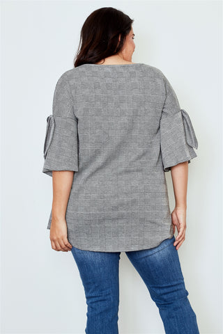 Ladies fashion plus size grey plaid drop shoulder top
