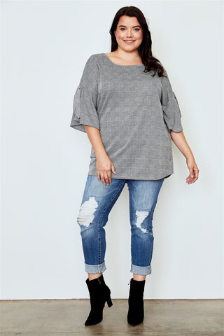 Ladies fashion plus size grey plaid drop shoulder top