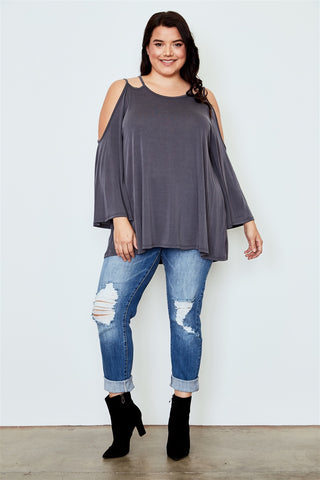 Ladies fashion plus size cold shoulder back keyhole top