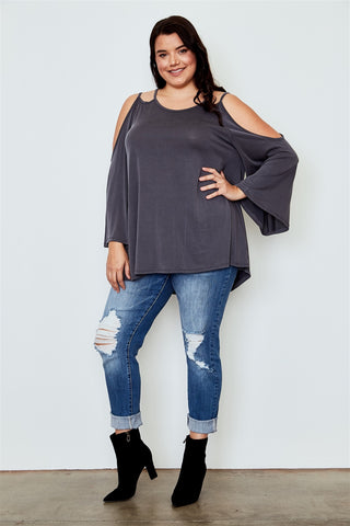 Ladies fashion plus size cold shoulder back keyhole top