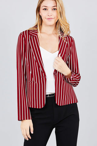 Long sleeve notched collar princess seam w/back slit striped jacket - merchandiserus2