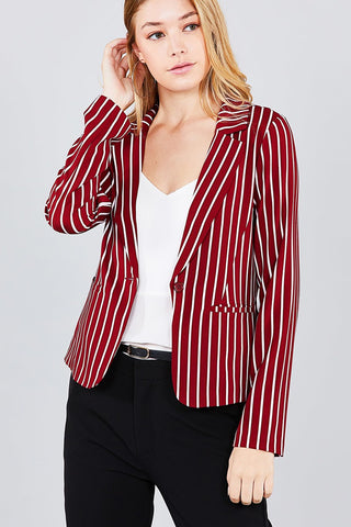 Long sleeve notched collar princess seam w/back slit striped jacket - merchandiserus2